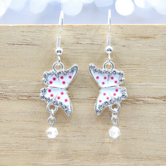 Artisan Jewelry - Butterfly Polka Dot Drop Earrings Silver Pink | Handmade